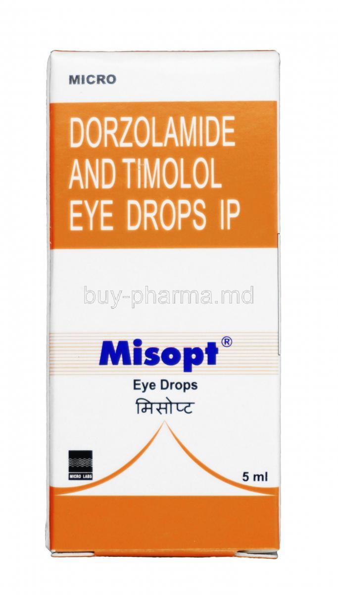 Misopt Eye Drop, Dorzolamide 2% w/w + Timolol 0.5% w/w, Eyedrop 5ml, Box