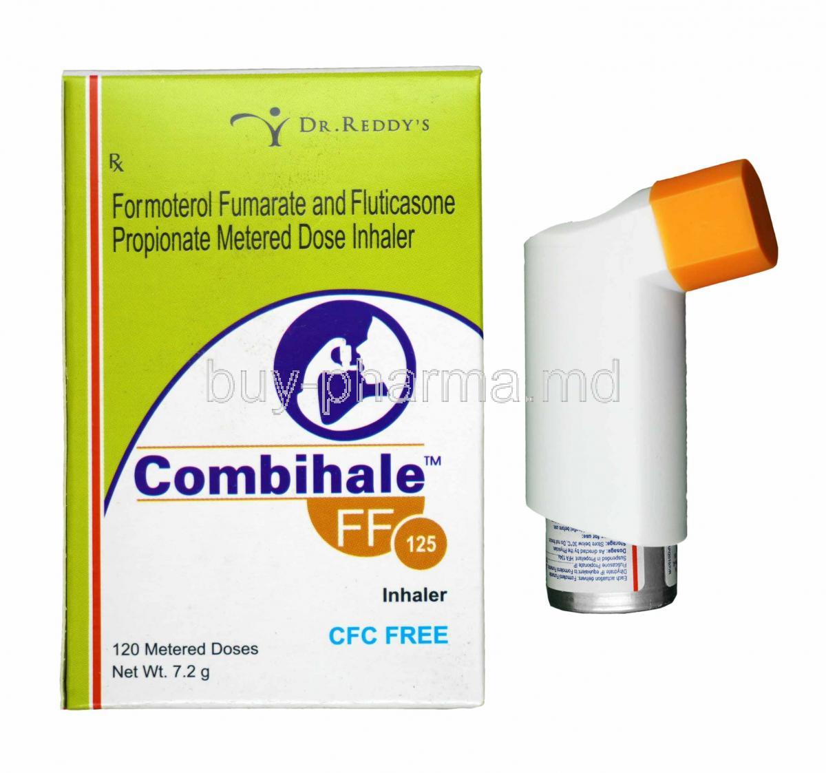 Combihale FF Inhaler, Formoterol 6mcg and Fluticasone Propionate 125mcg box and inhaler