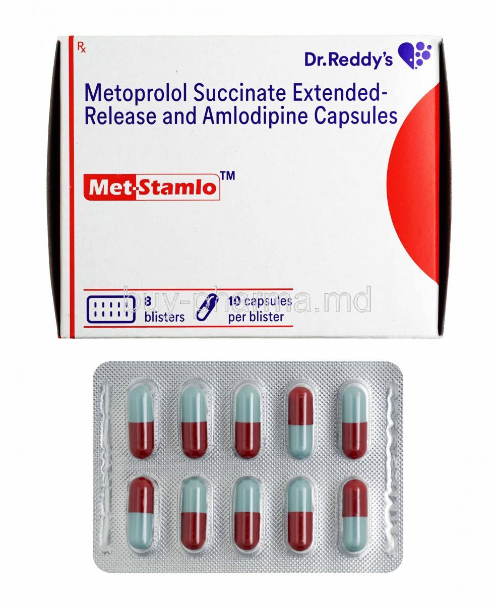 Met-Stamlo, Metroprolol Succinate 47.5mg and Amlodipine 5mg box and capsules