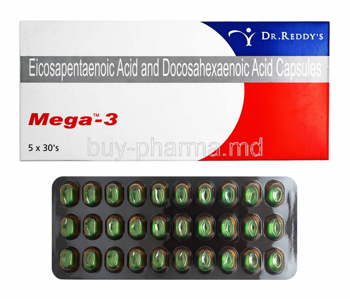 Mega-3, Eicosapentaenoic Acid and Docosahexaenoic Acid box and capsules