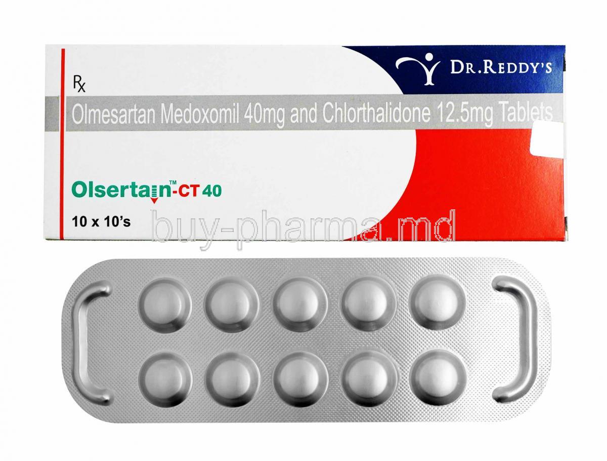 Olsertain-CT, Olmesartan Medoximil 40mg and Chlorthalidone 12.5mg box and tablets