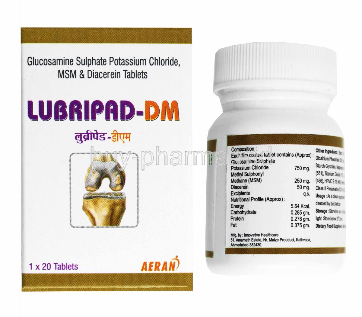 Lubripad DM, Glucosamine, Diacerein and Methyl Sulfonyl Methane box and tablet bottle