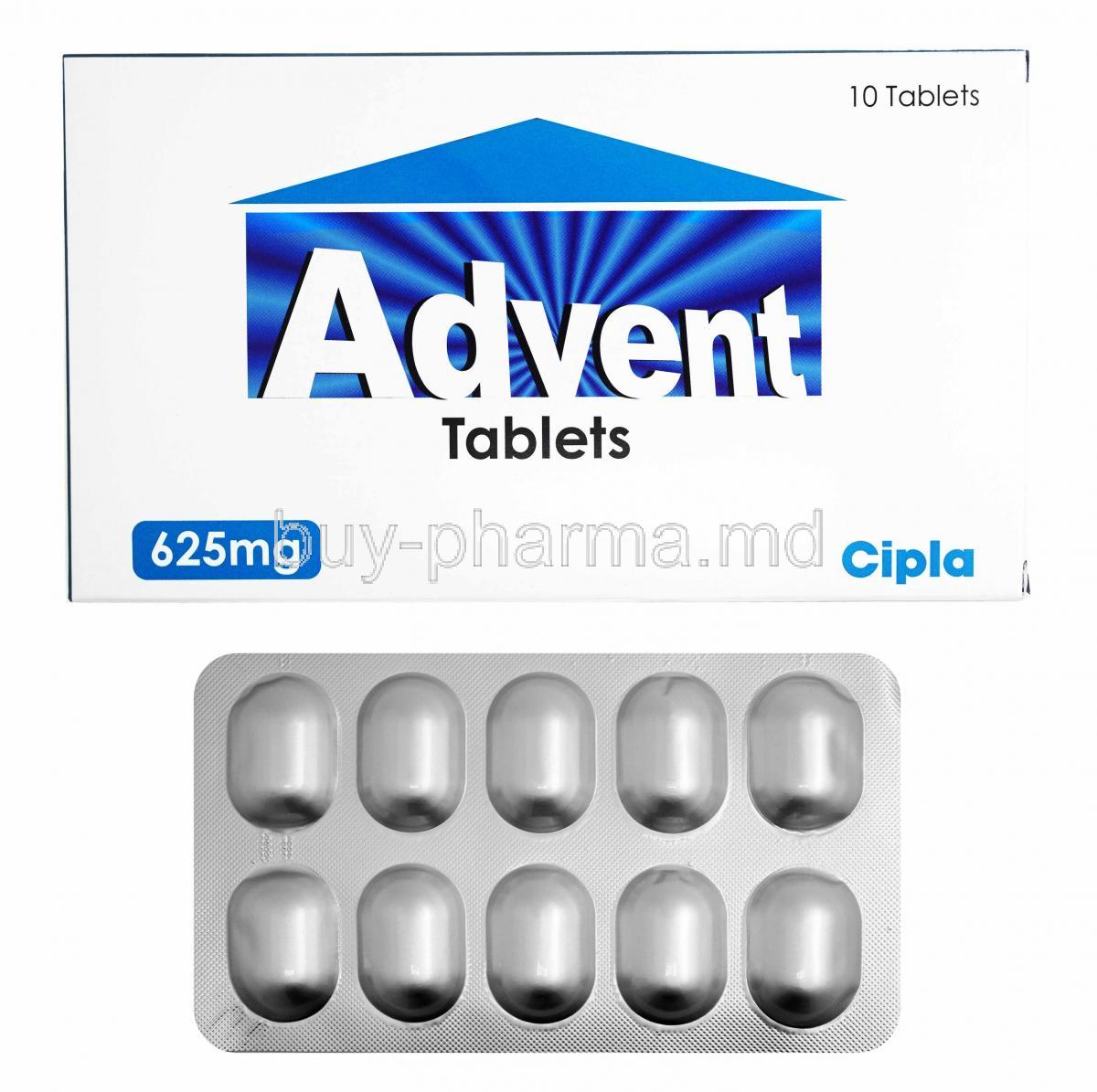 Advent, Amoxycillin and Clavulanic Acid box and tablets