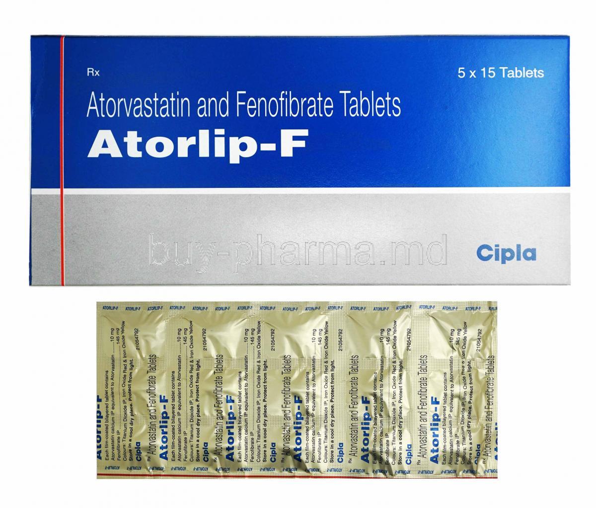 Atorlip-F, Atorvastatin and Fenofibrate box and tablets