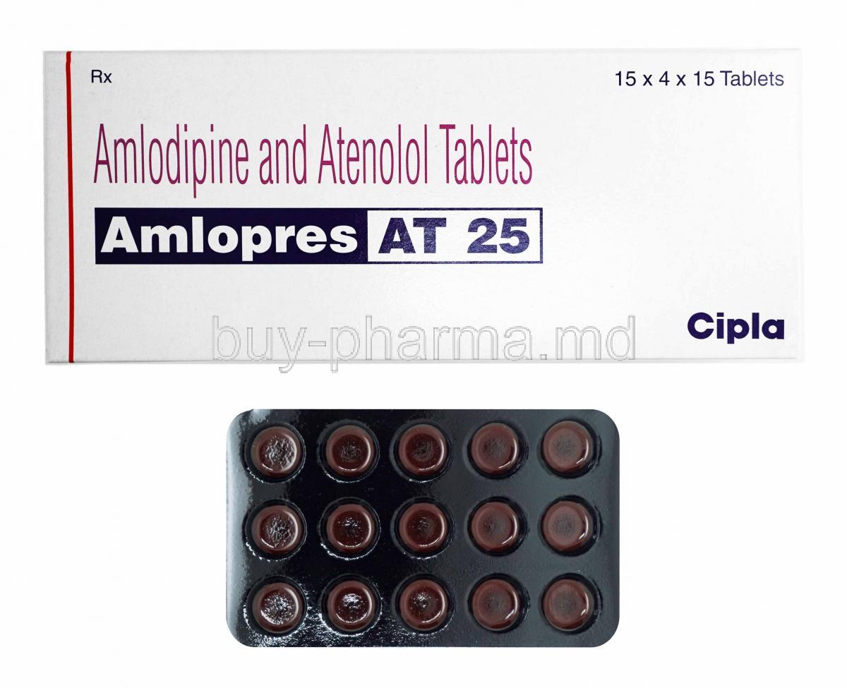 Amlopres-AT, Amlodipine 5mg and Atenolol 25mg box and tablets