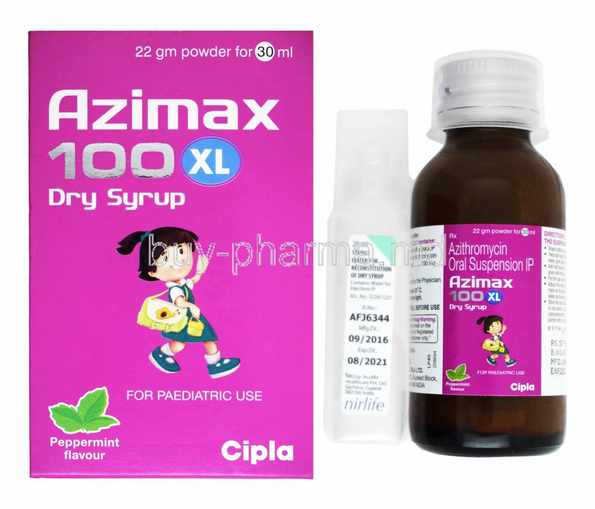 Azimax Dry Syrup, Azithromycin 100mg box and bottle