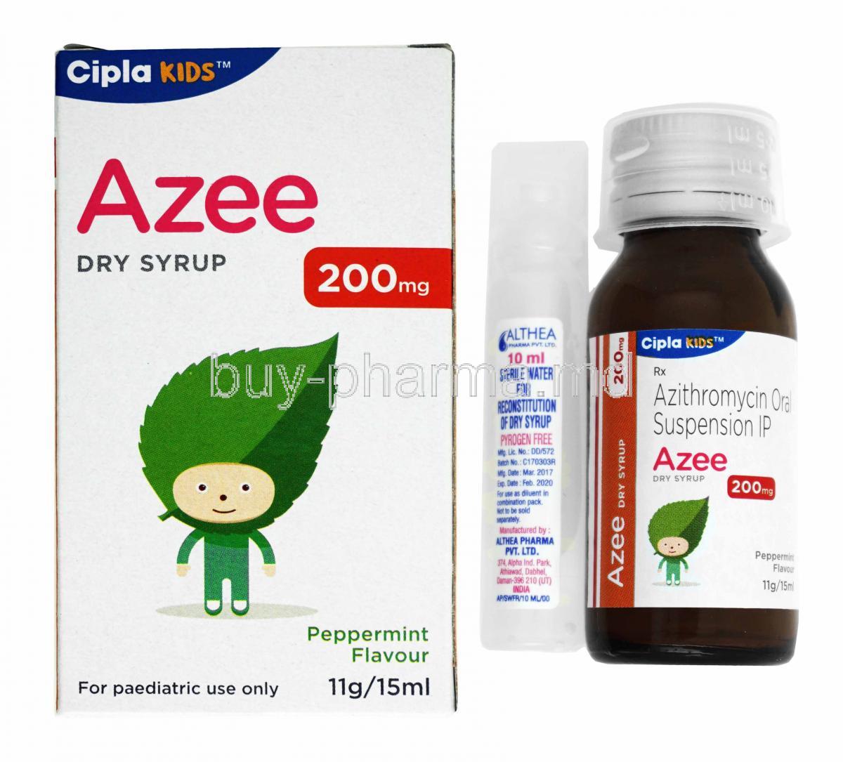 Azee Dry Syrup Peppermint Flavour 15ml Azithromycin 200mg box and bottle