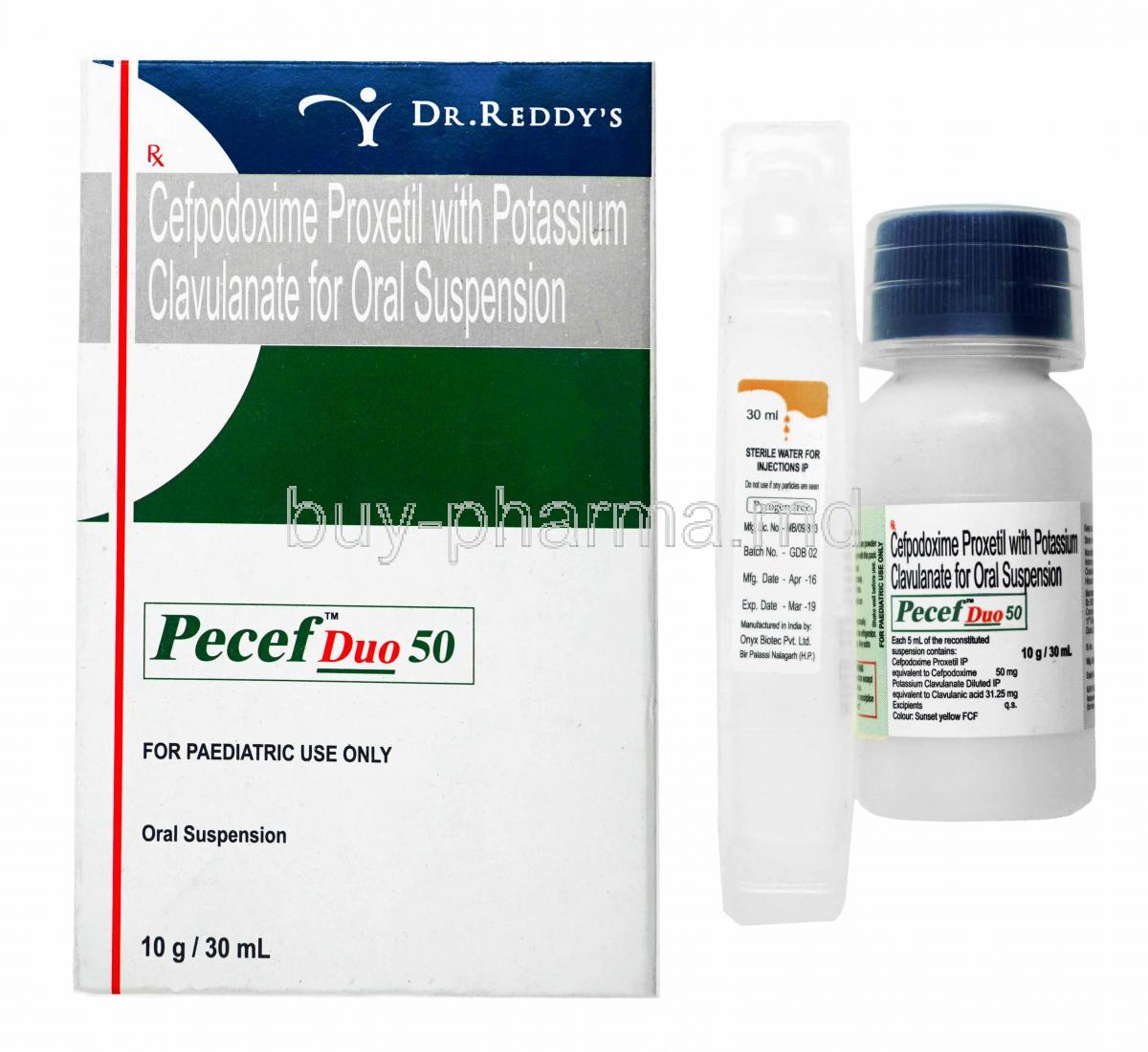 Pecef Duo Oral Suspension, Cefpodoxime Proxetil and Clavulanic Acid box and bottle