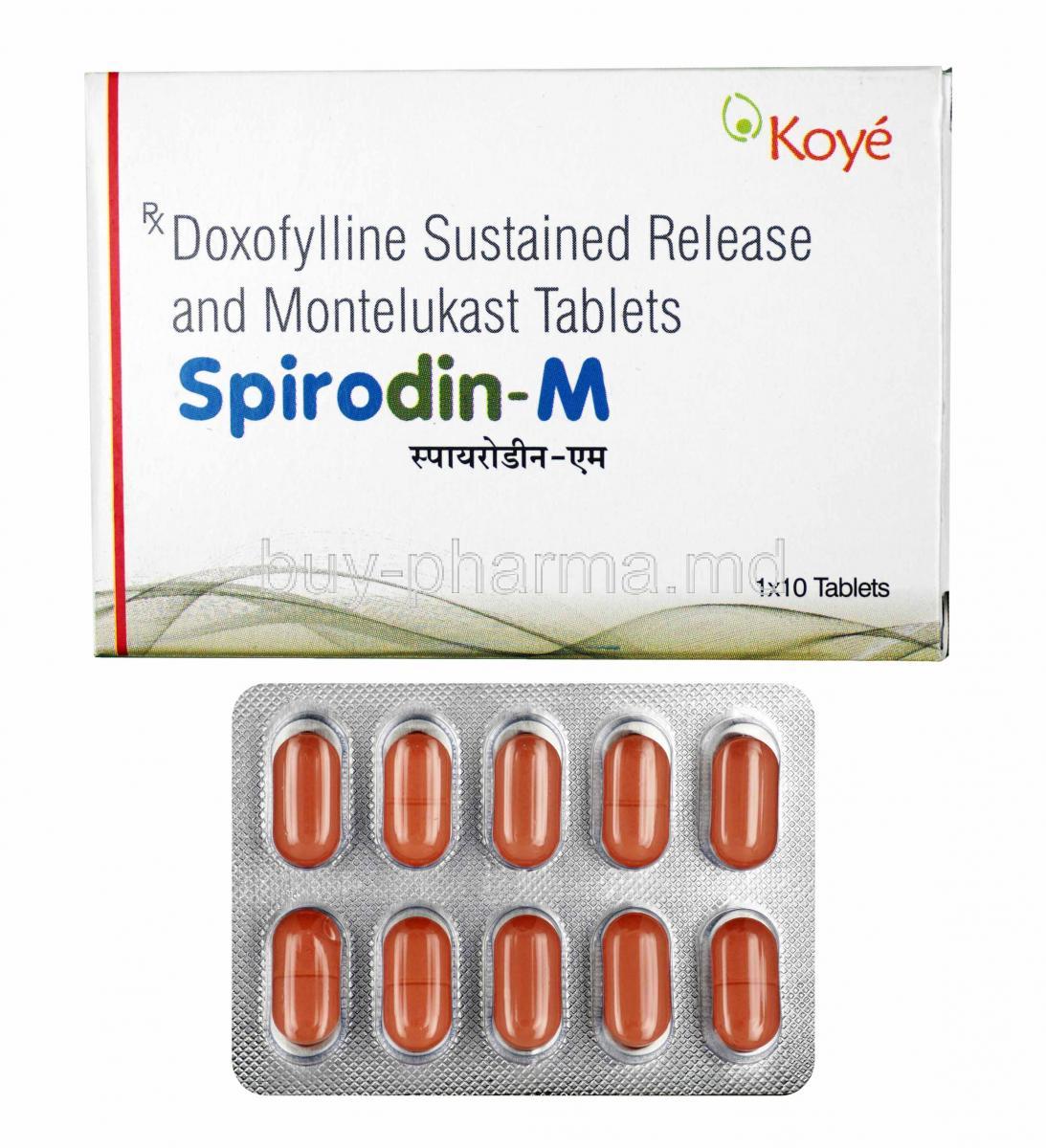 Spirodin-M, Doxofylline and Montelukast box and tablets