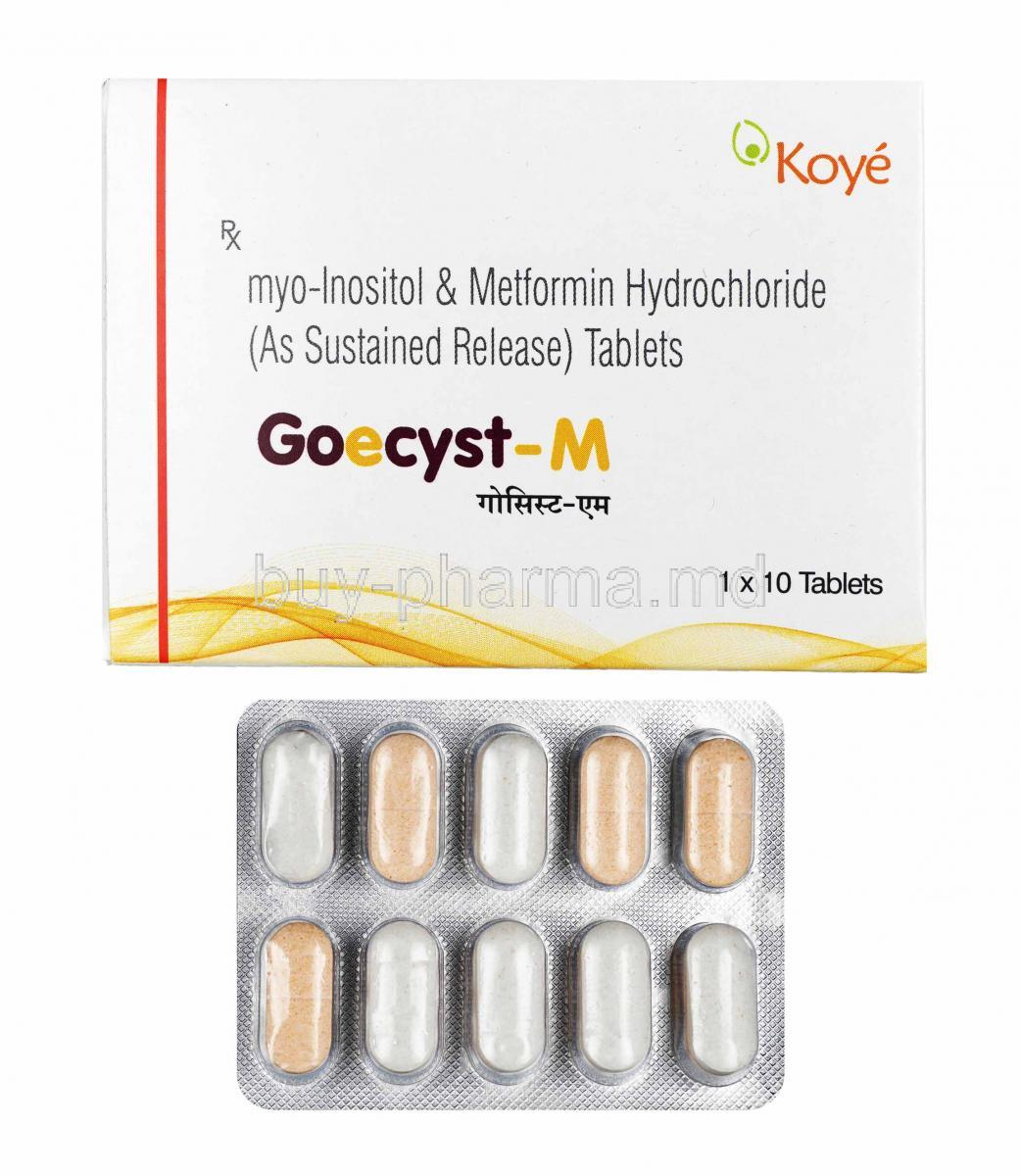 Goecyst-M, Myo-Inositol and Metformin Hydrochloride box and tablets