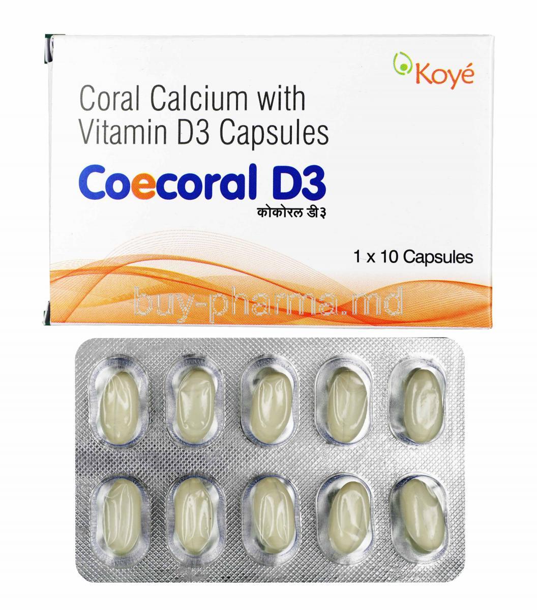 Coecoral D3, Elemental Calcium and Vitamin D3 box and capsules