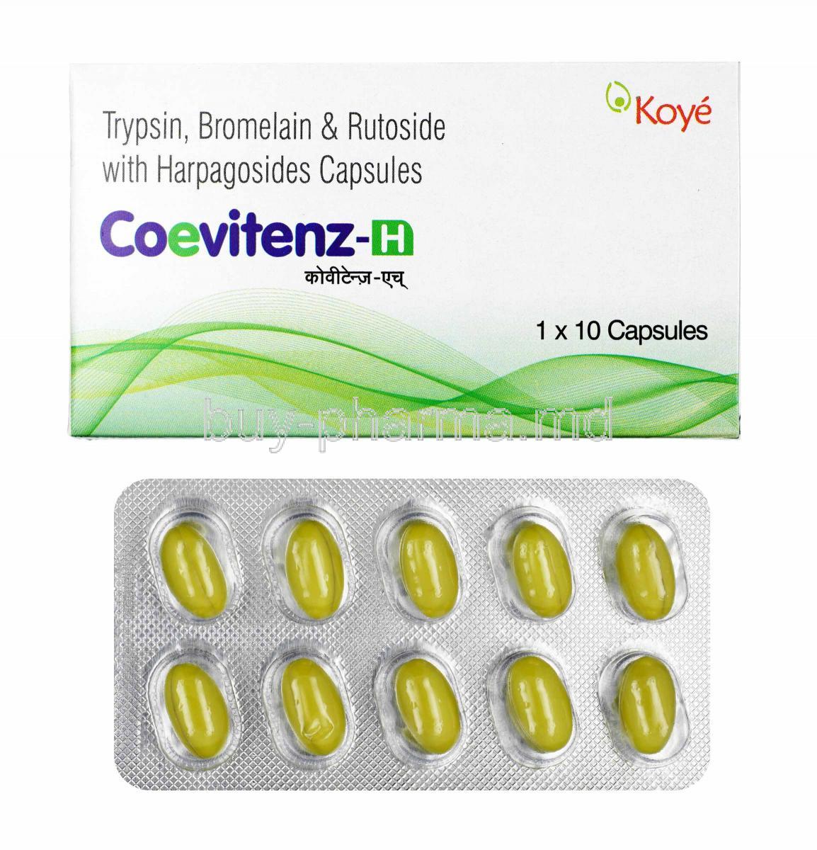 Coevitenz-H, Bromelain, Trypsin and Rutoside box and capsules