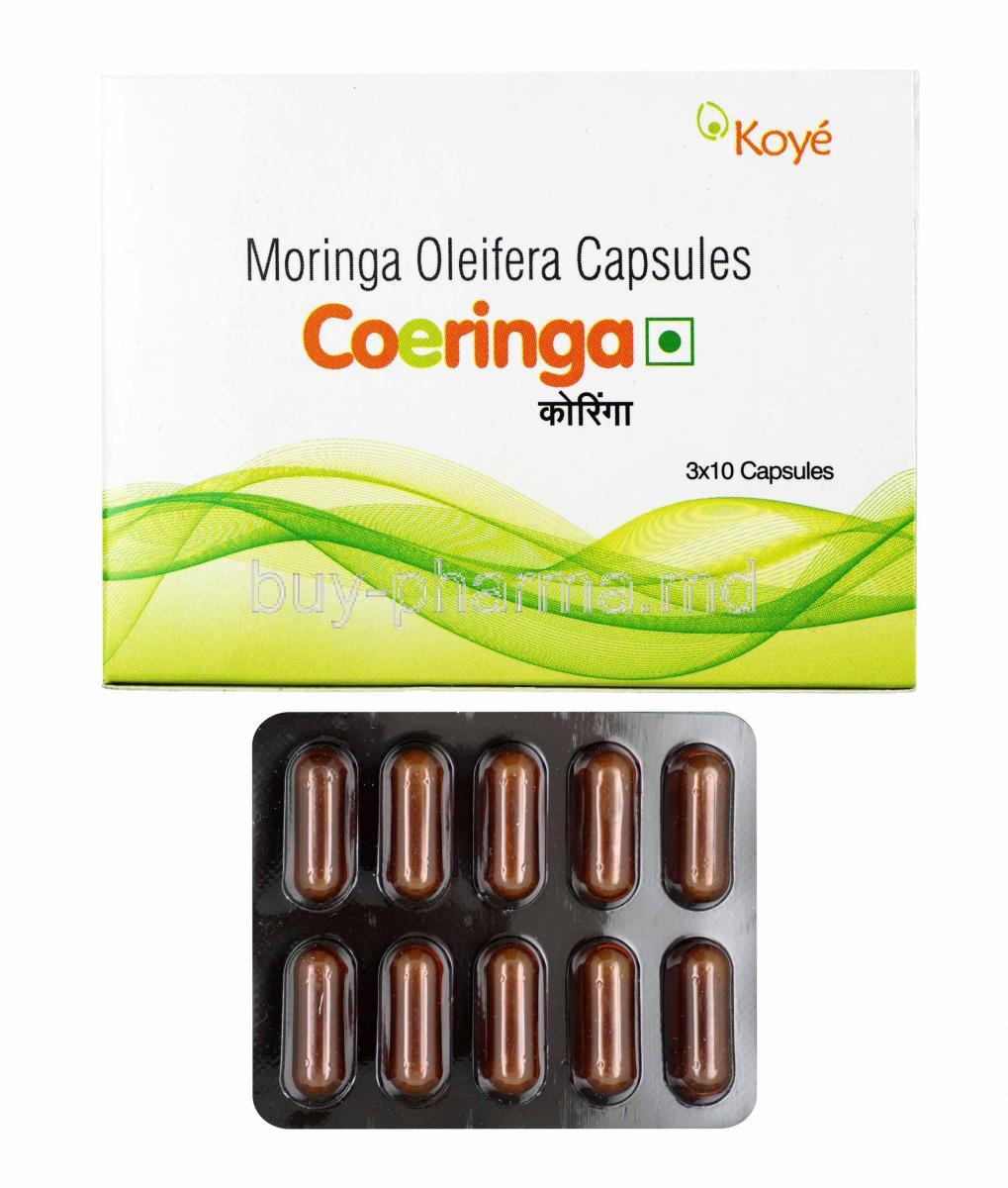 Coeringa, Moringa Oleifera Dried Leaves Powder box and capsules