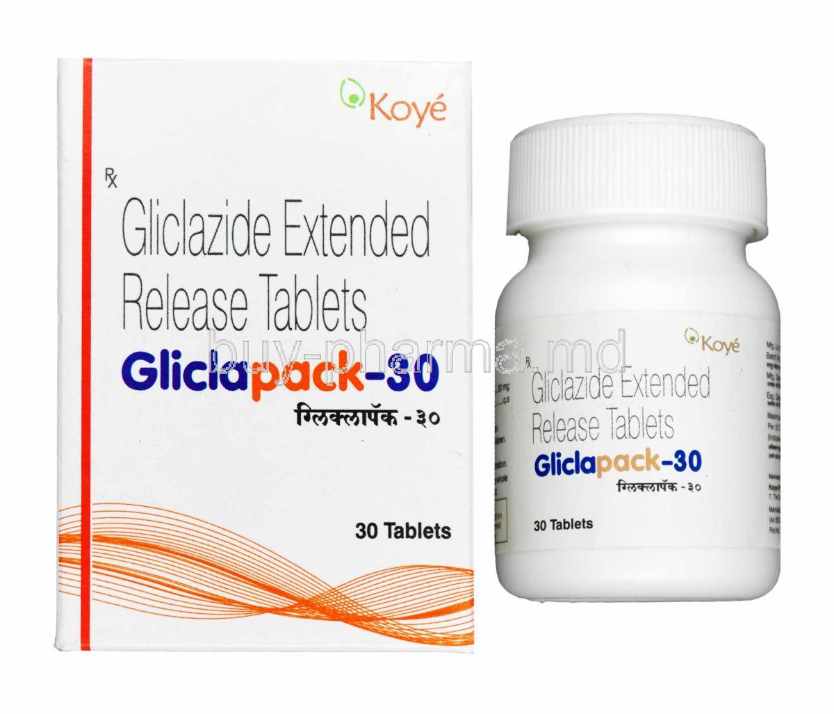 Gliclapack, Gliclazide 30mg box and tablets