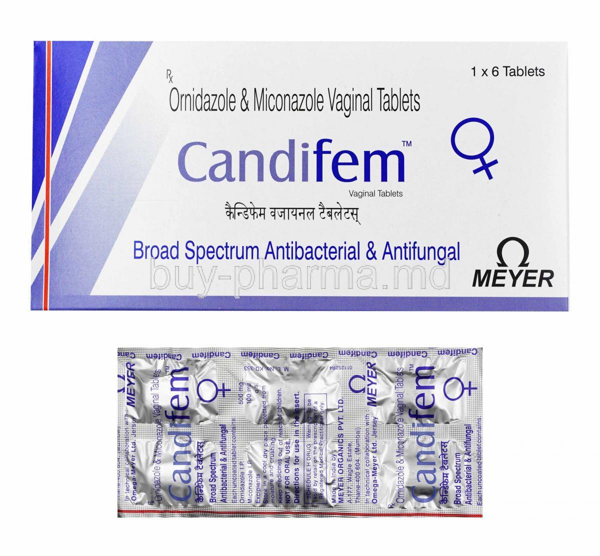 Candifem, Miconazole and Ornidazole box and tablets