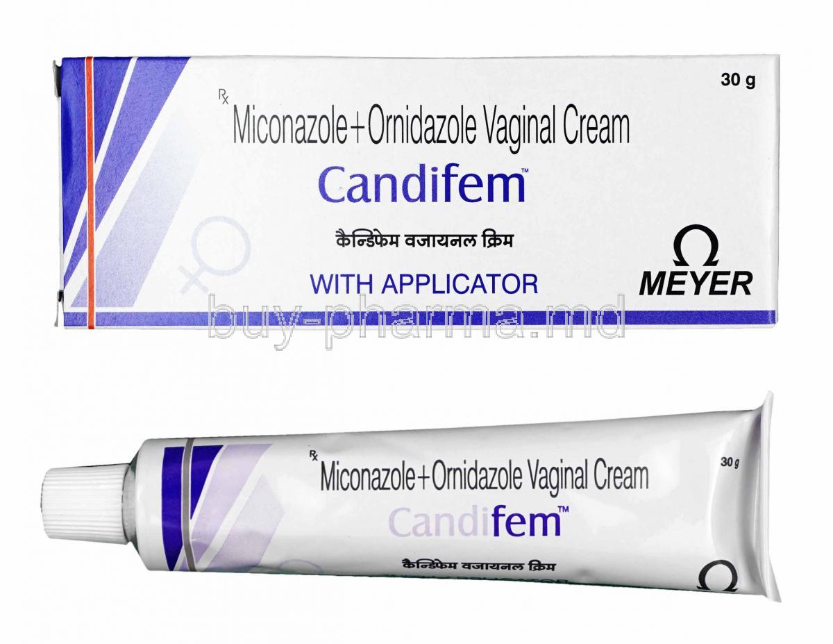Candifem Vaginal Cream, Miconazole and Ornidazole box and tube