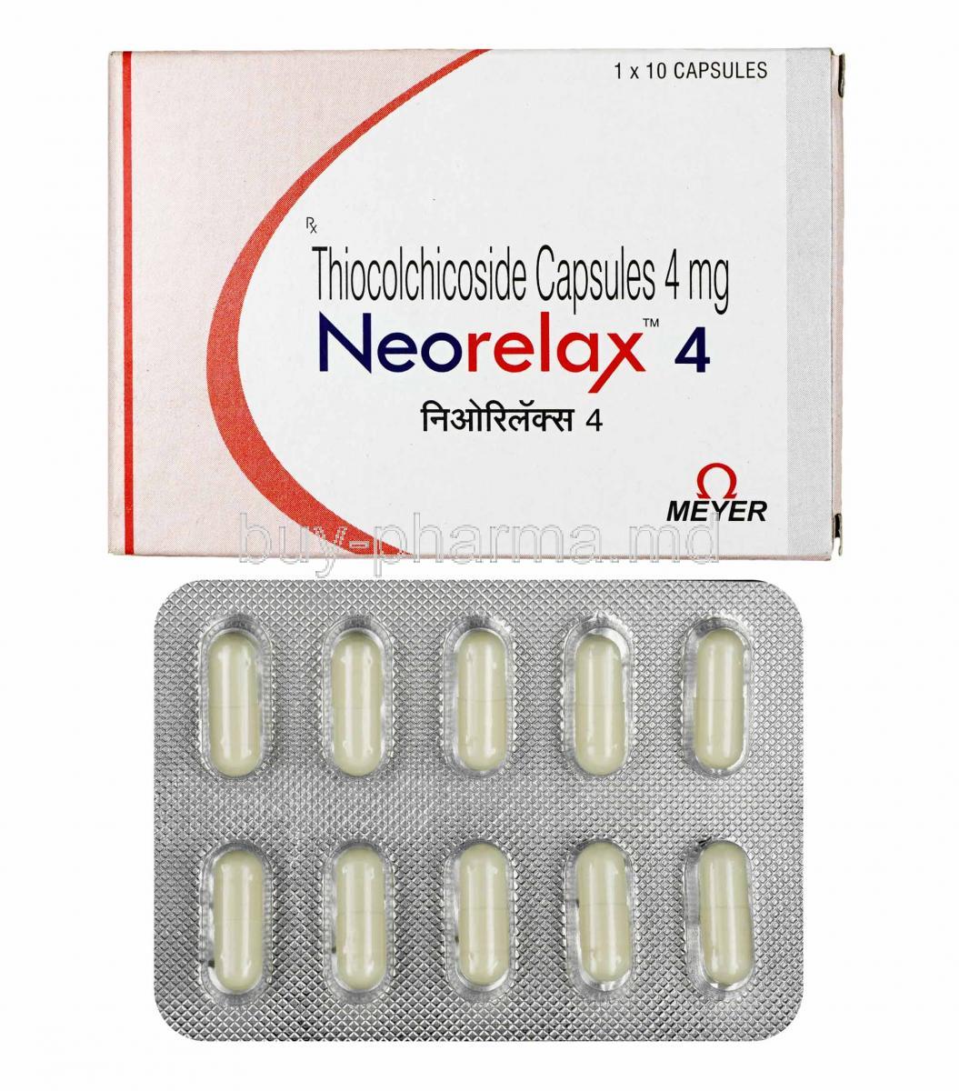 Neorelax, Thiocolchicoside 4mg box and capsules