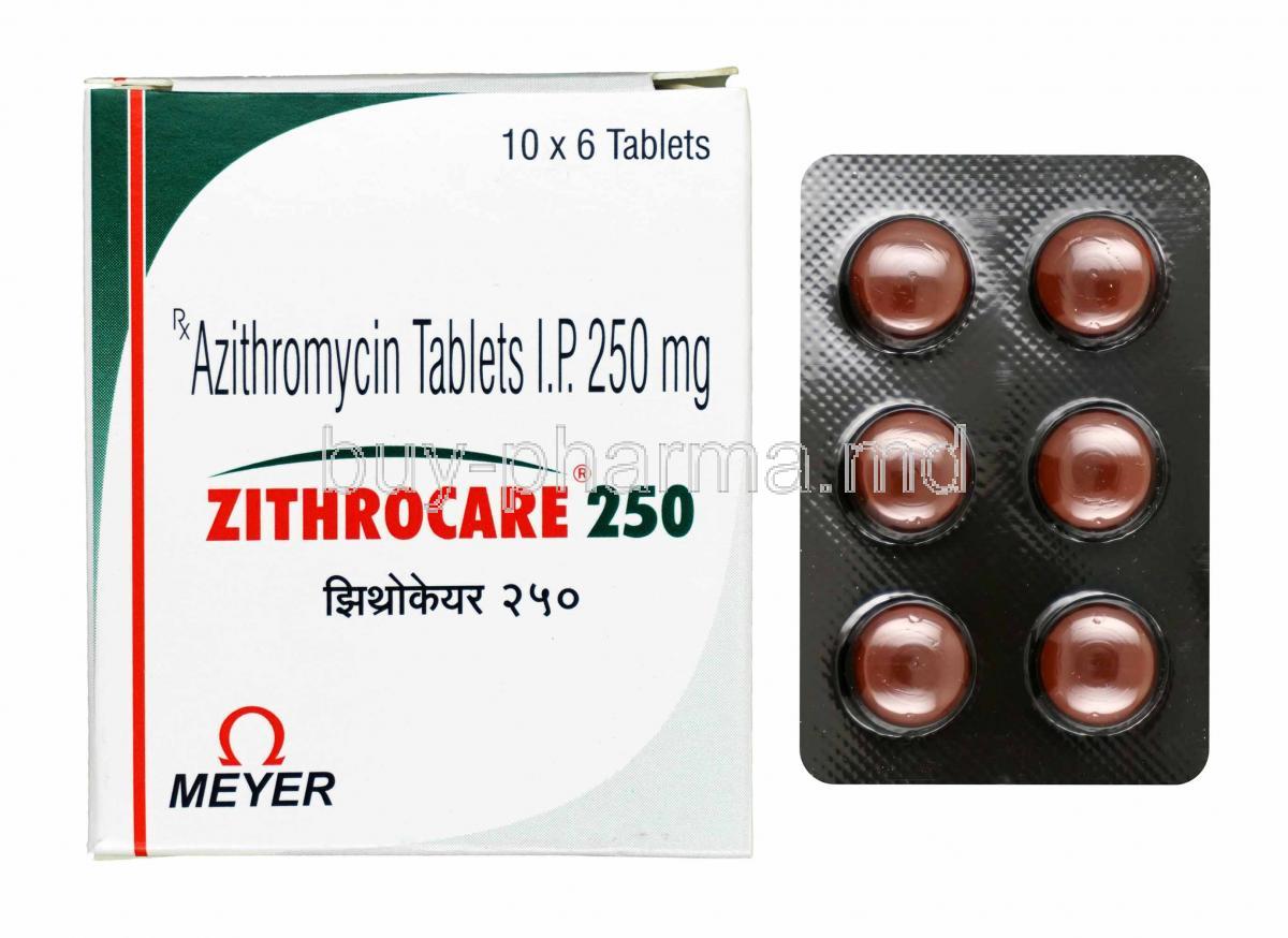 Zithrocare, Azithromycin 250mg box and tablets