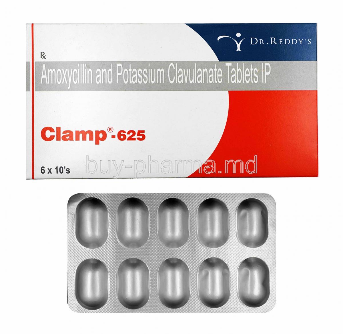 Clamp, Amoxycillin and Clavulanic Acid box and tablets