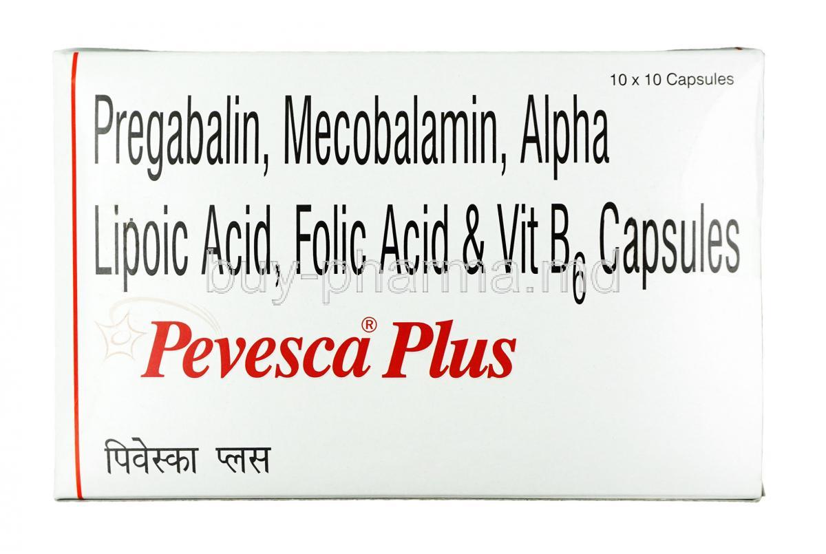 Pevesca Plus, Alpha Lipoic Acid 100mg / Folic Acid 1.5mg / Methylcobalamin 750mcg / Pregabalin 75mg / Vitamin B6 (Pyridoxine) 1.5mg, Capsule, Box
