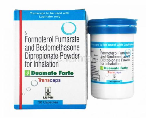 Duomate Forte Transcaps, Beclometasone and Formoterol box and capsule bottle
