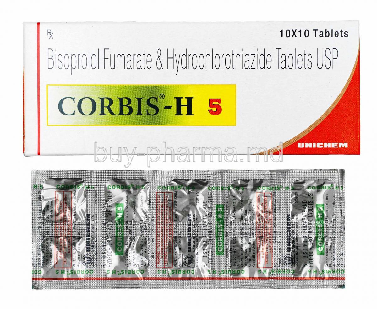 Corbis-H, Bisoprolol and Hydrochlorothiazide box and tablets