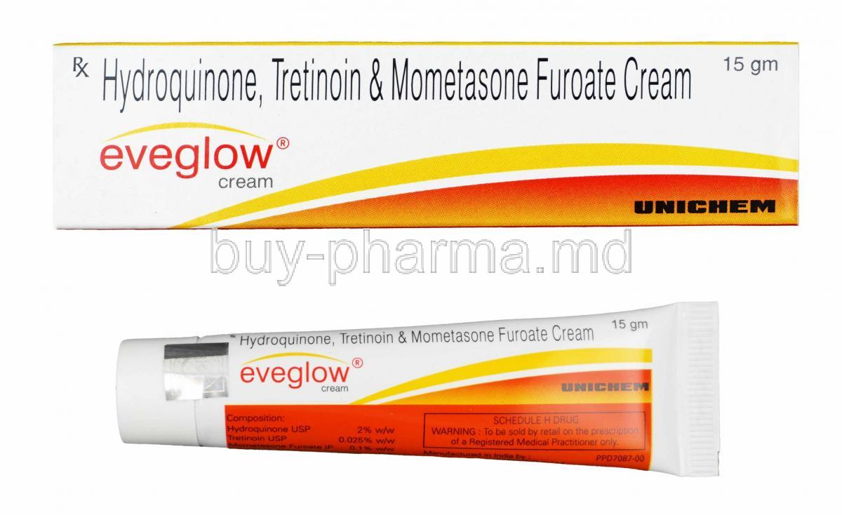 Eveglow Cream, Hydroquinone, Mometasone and Tretinoin box and tube