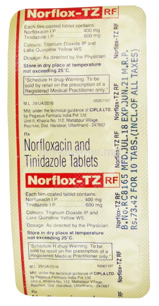 Norflox TZ RF, Tinidazole 600mg/ Norfloxacin 400mg, blister pack