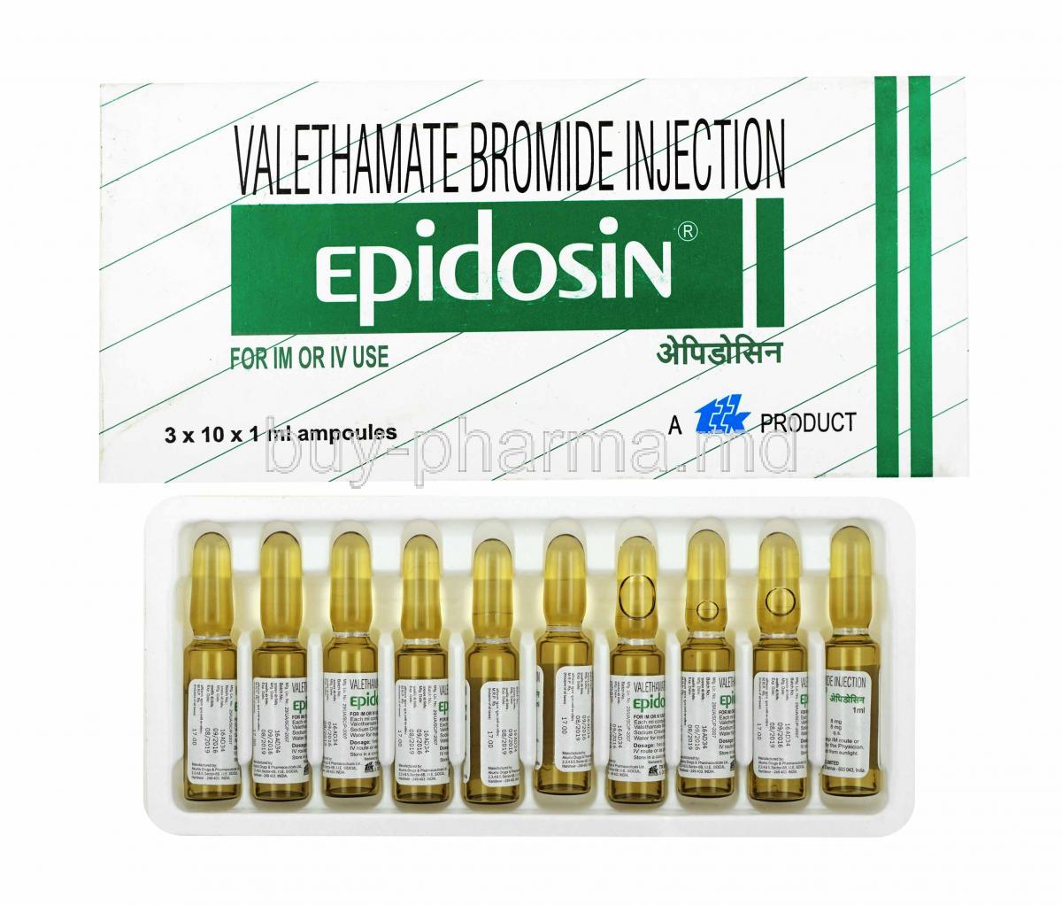 Epidosin Injection, Valethamate box and ampoules