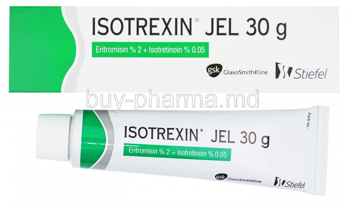 Isotrexin gel, Erythromycin 2%, Isotretinoin 0.05%, 30g, Stiefel, GSK, box and tube front presentation