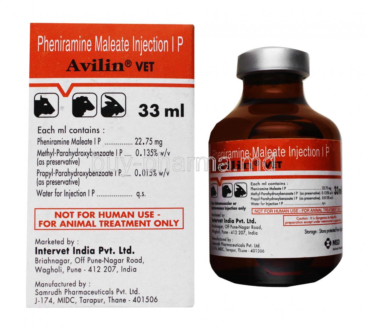 Avilin Injection for Animals, box and vial