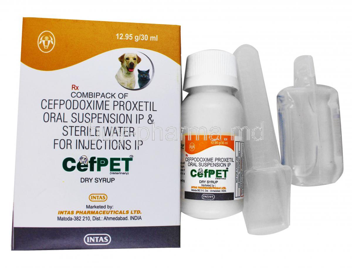 Cefpet Dry Syrup for Dogs and Cats, box and bottle