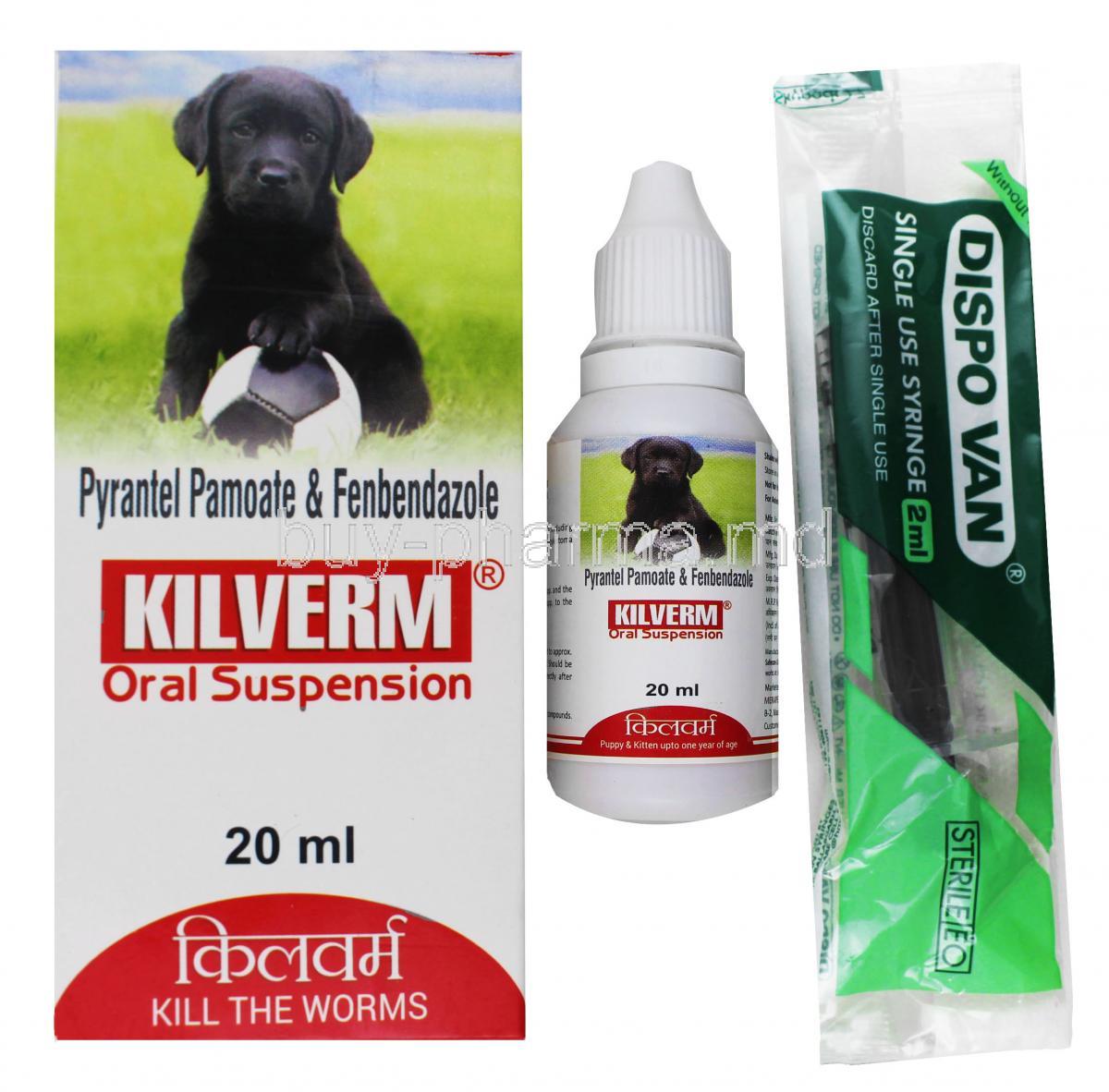 Kilverm Oral Suspension for Dogs, box and bottle