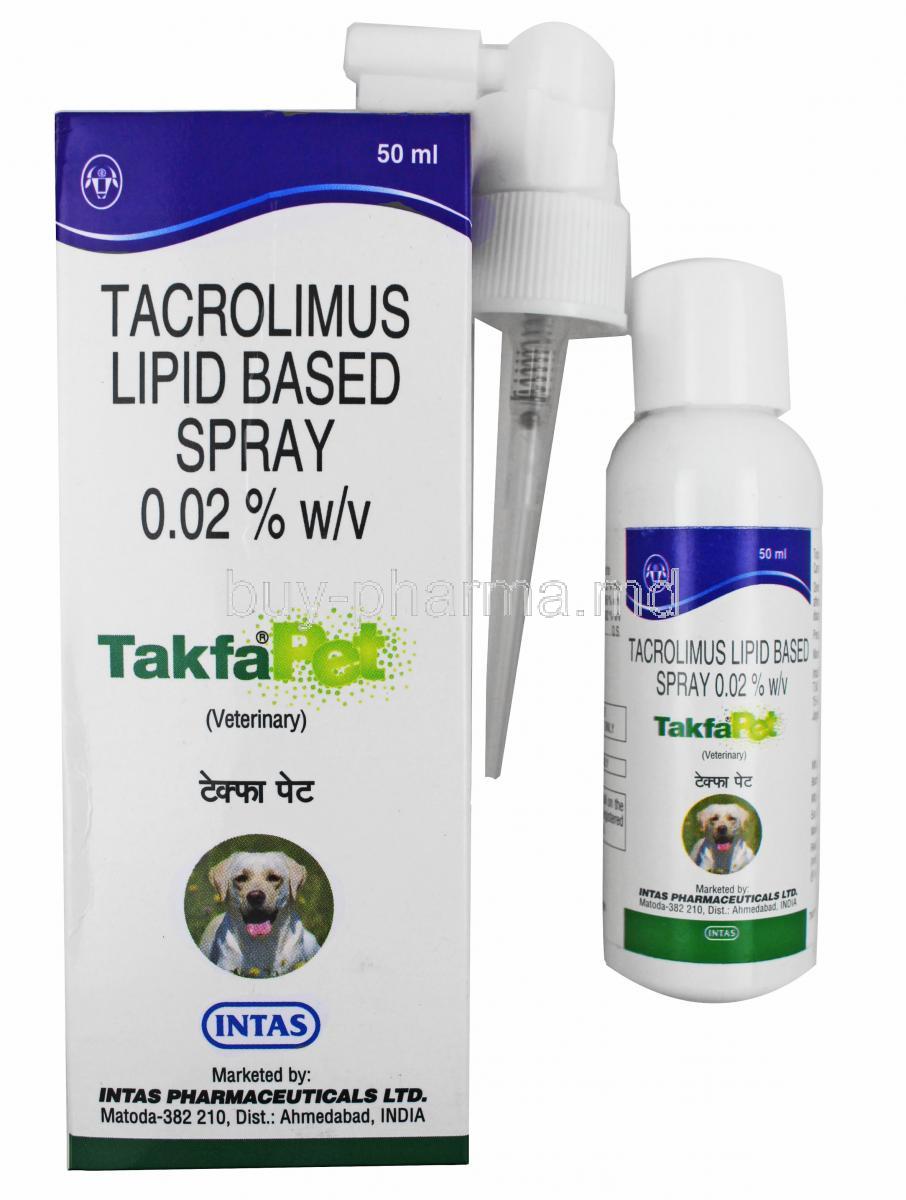 Takfa Pet, Tacrolimus box and spray bottle