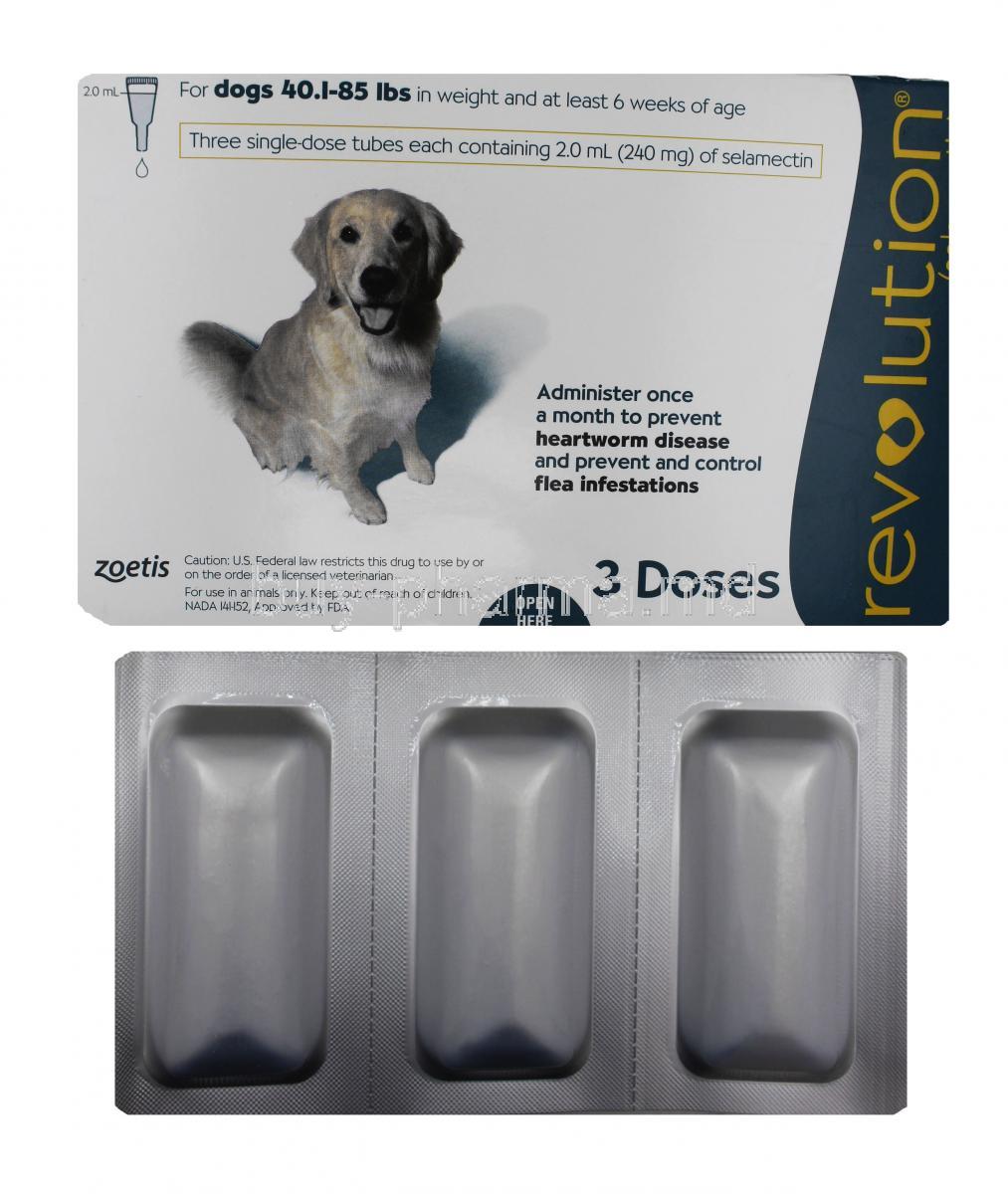 REVOLUTION for Dog, Selamectin 120mgper ml X 2ml, Topical Solution,Box and Packaging sheet.