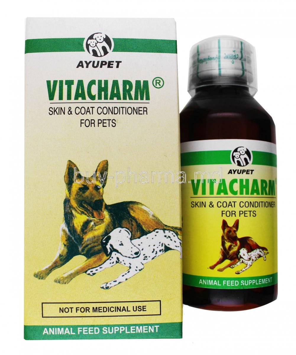 Vitacharm Skin & Coat conditioner box and bottle