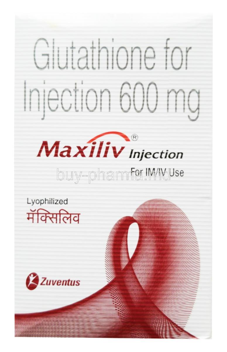 Maxiliv, Lyophilized Glutathione, 600mg powder ＋ 5 ml Sterile water, Box front presentation