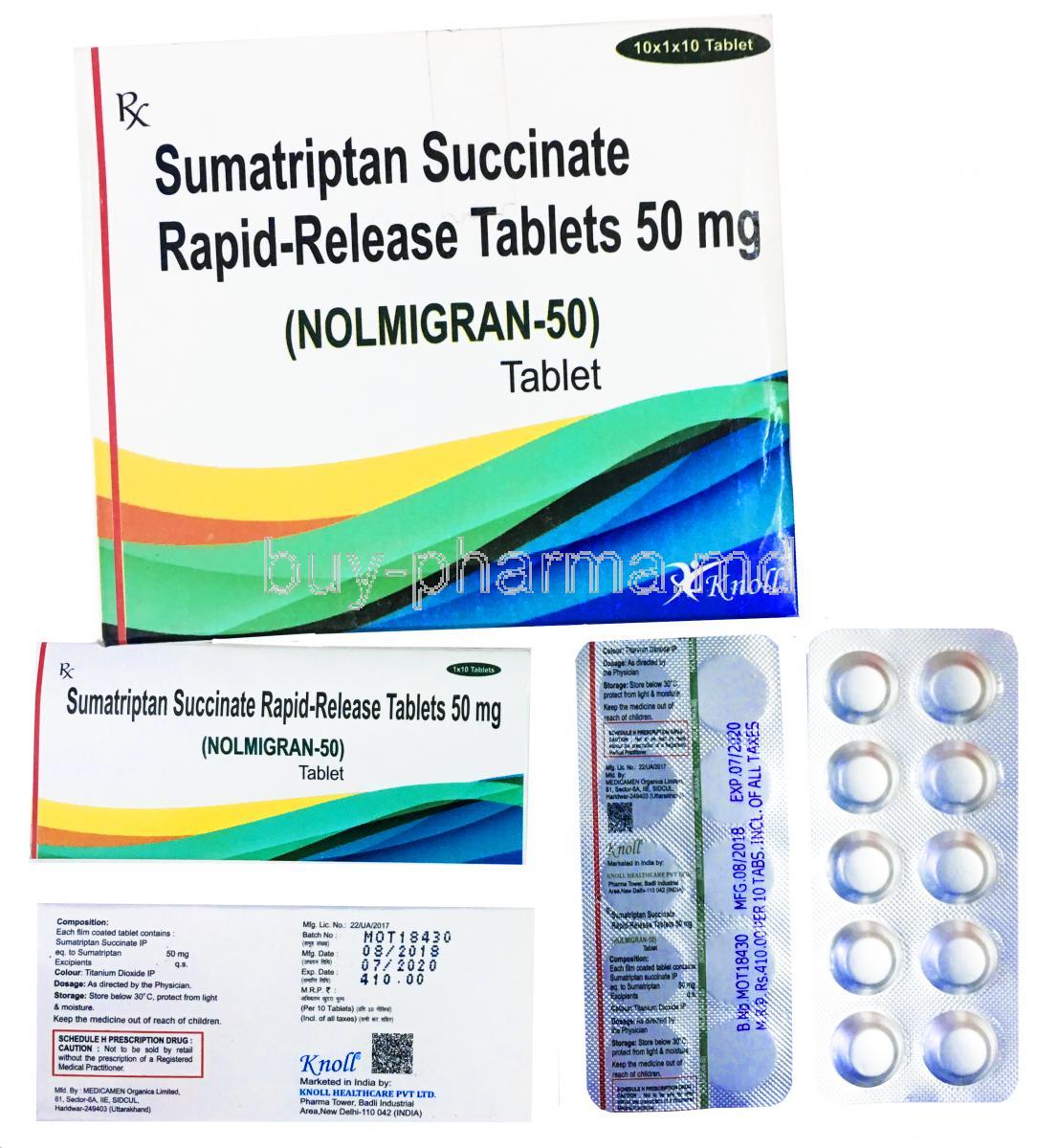 Sumatriptan Rapid Release Tablet, box and blister pack presentation