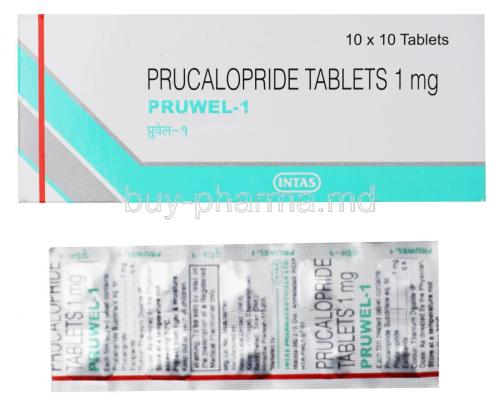 Pruwel, Prucalopride tablets 1mg 10 x 10 tablets, Intas, box and blister pack presentation