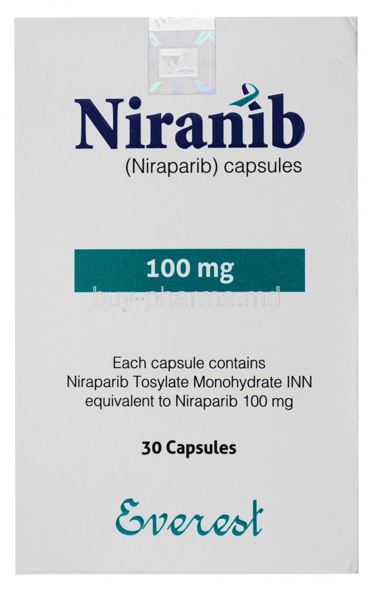 Niranib, Niraparib capsules 100mg, 30 capsules Everest, box front presentation