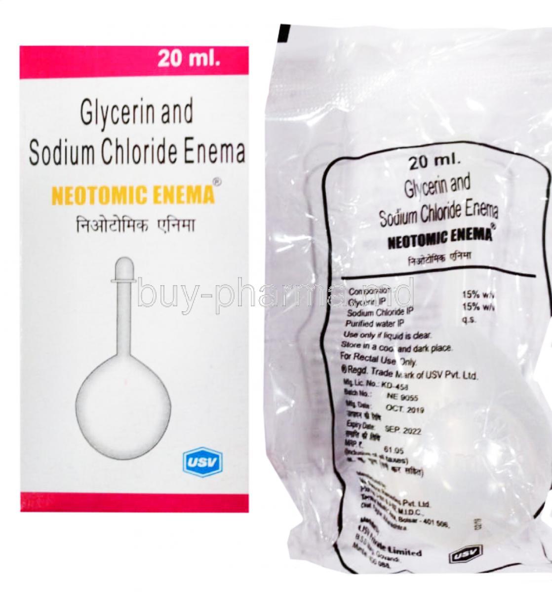 Neotomic Enema Liquid, Glycerin 15% w/v/ Sodium Chloride 15% w/v, box insert packaging front presentation