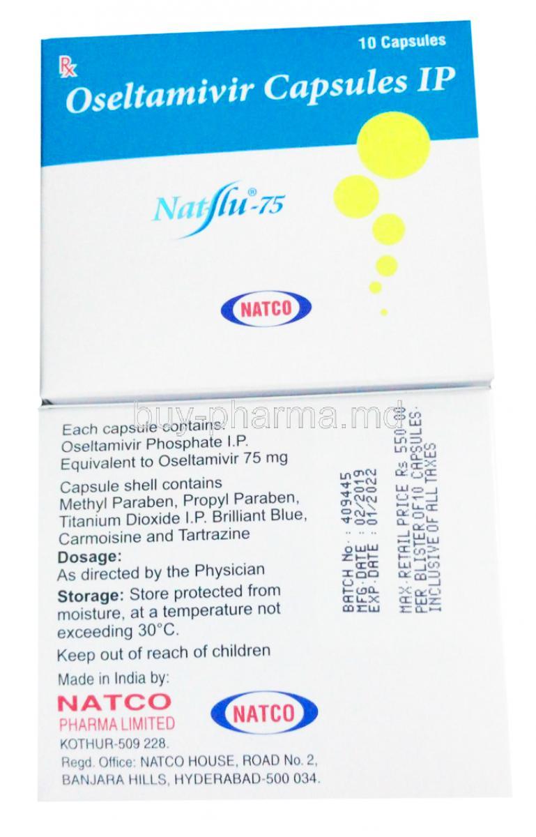 Natflu, Oseltamivir Phosphate 75mg 10 caps, Box front and back presentation with information