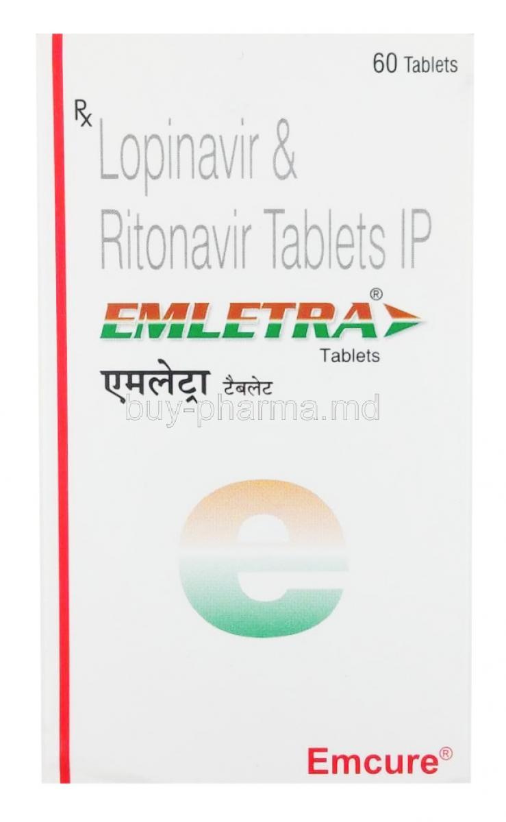 Emletra, Ritonavir 50mg/ Lopinavir 200mg, Emcure Pharma, box front presentation