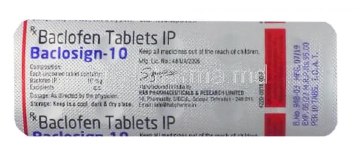 Baclosign, Baclofen 10mg 10 tabs, blister pack