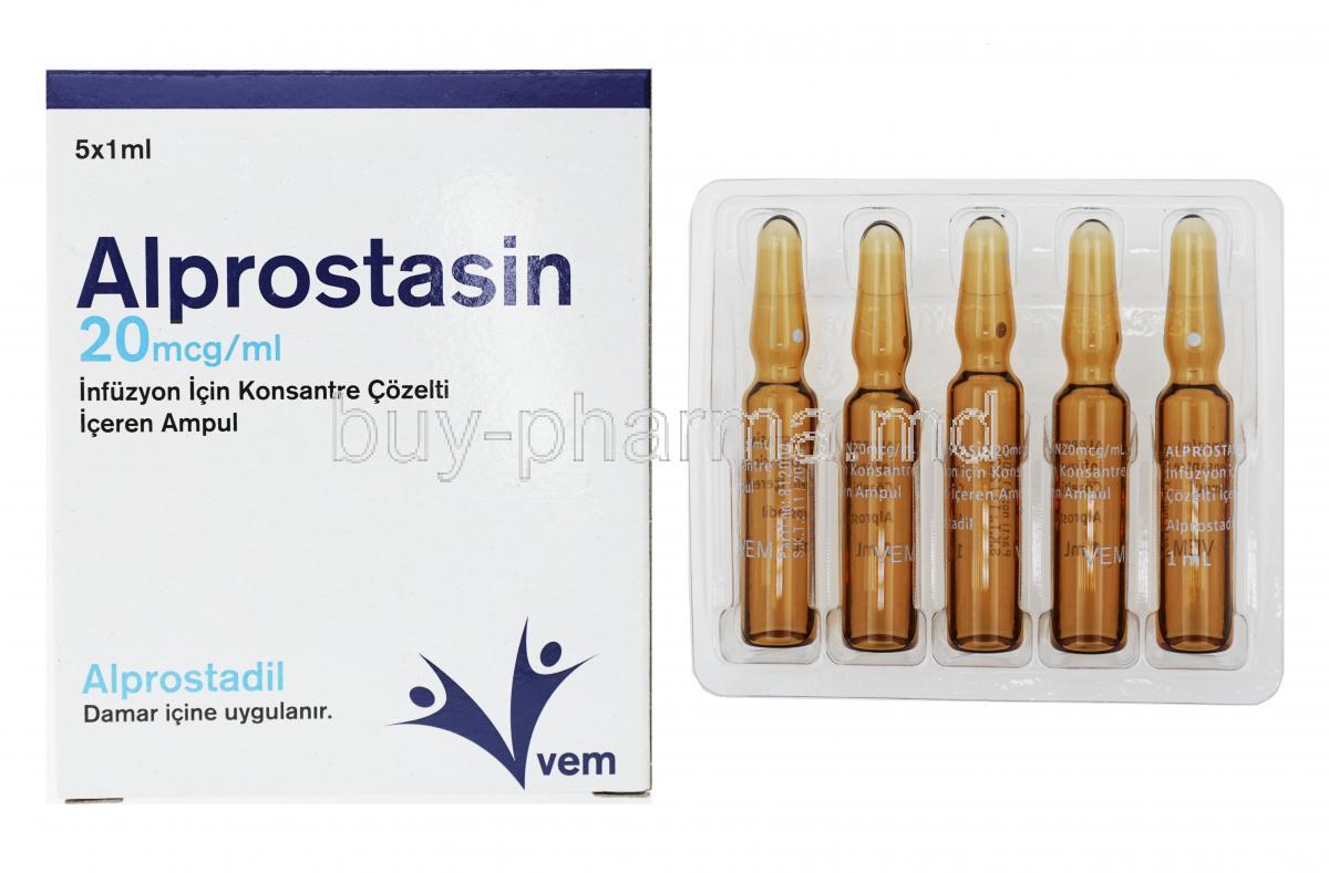 Alprostasin Injection, Alprostadil box and ampoules