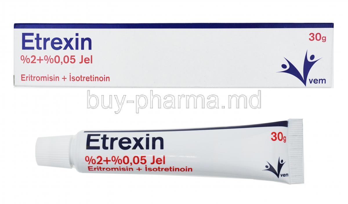 Etrexin gel, Erythromycin and Isotretinoin box and tube