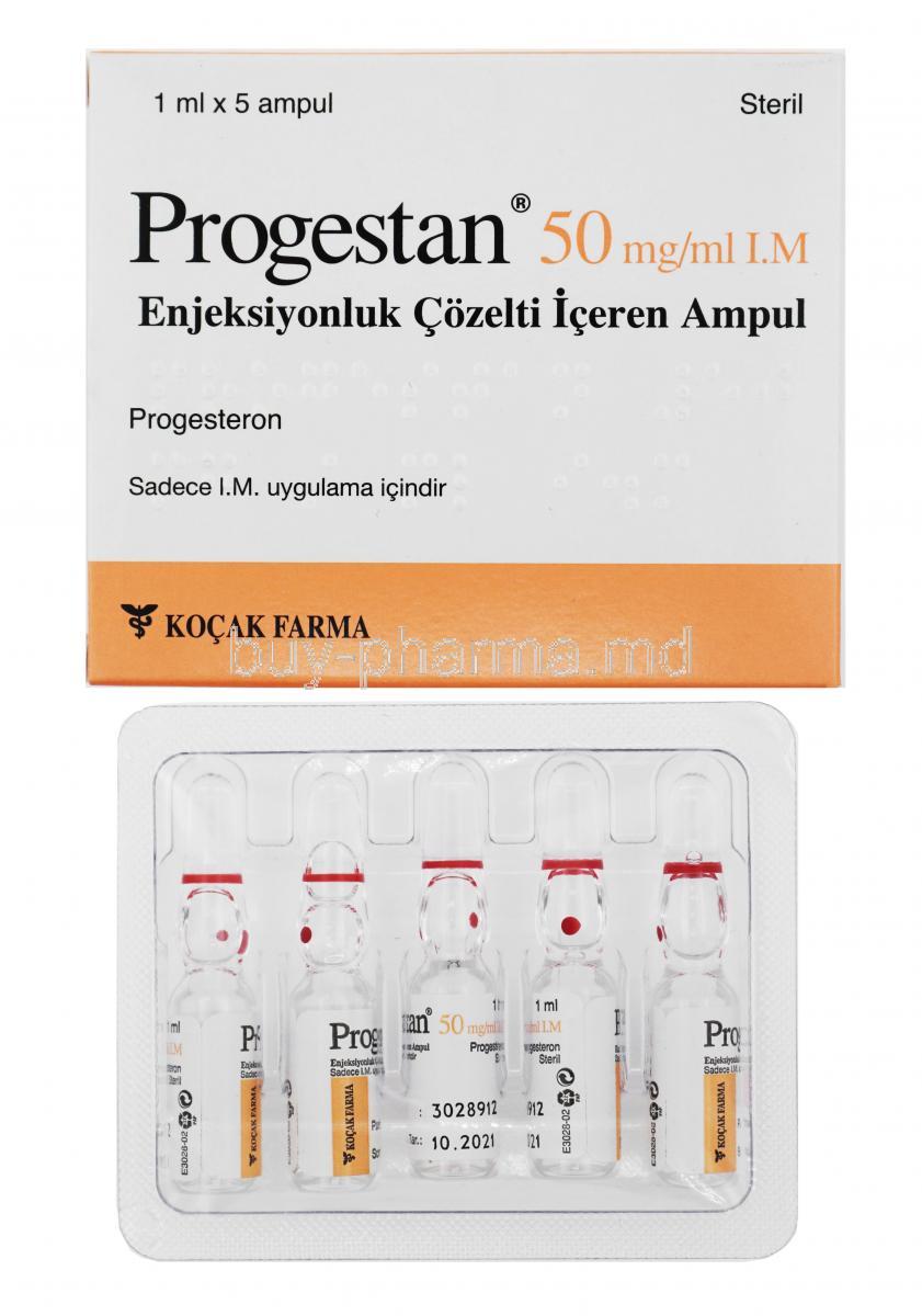 Progestan Injection, Progesteron 50mg box and ampoules