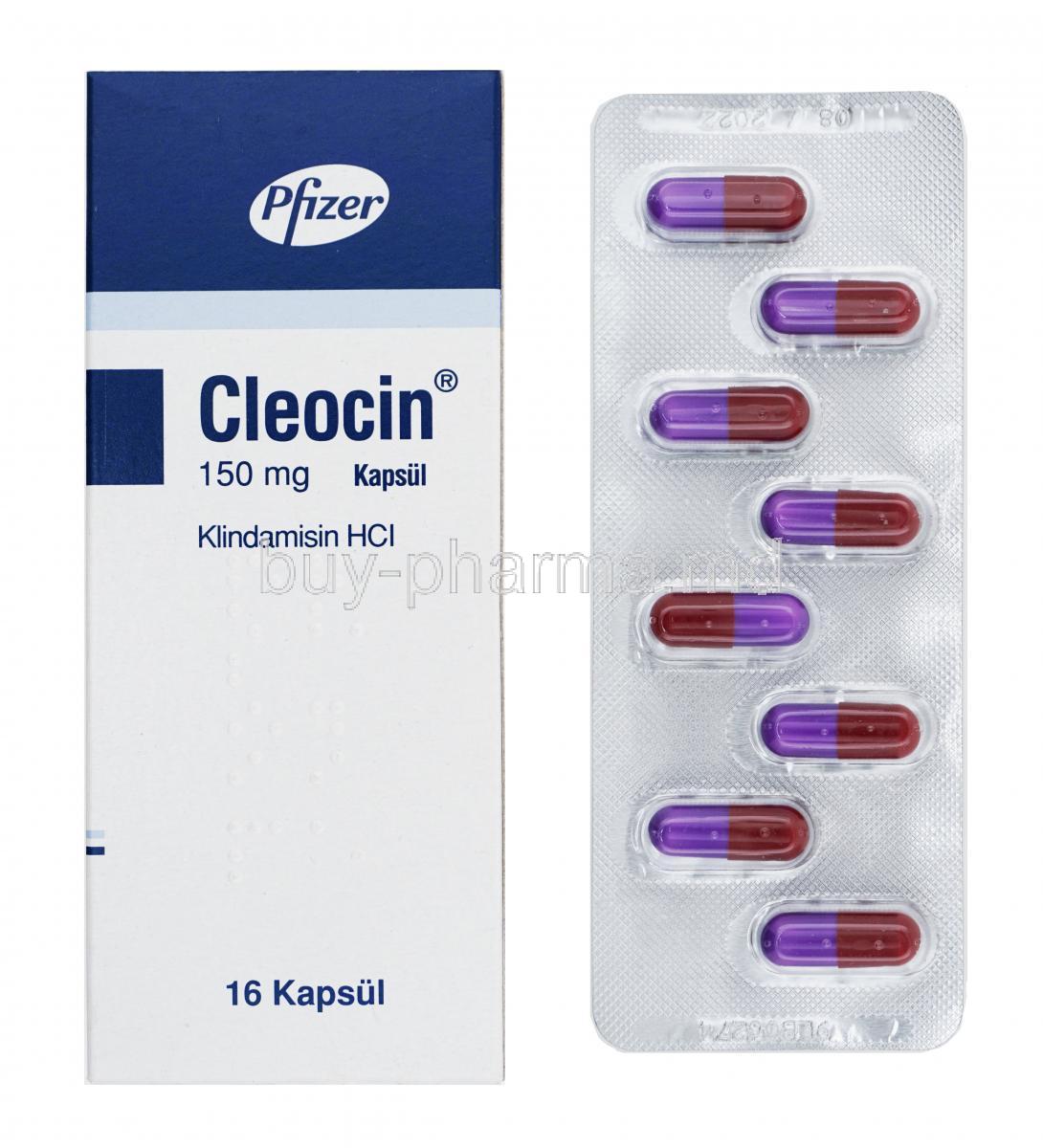 Cleocin, Clindamycin 150mg box and capsule