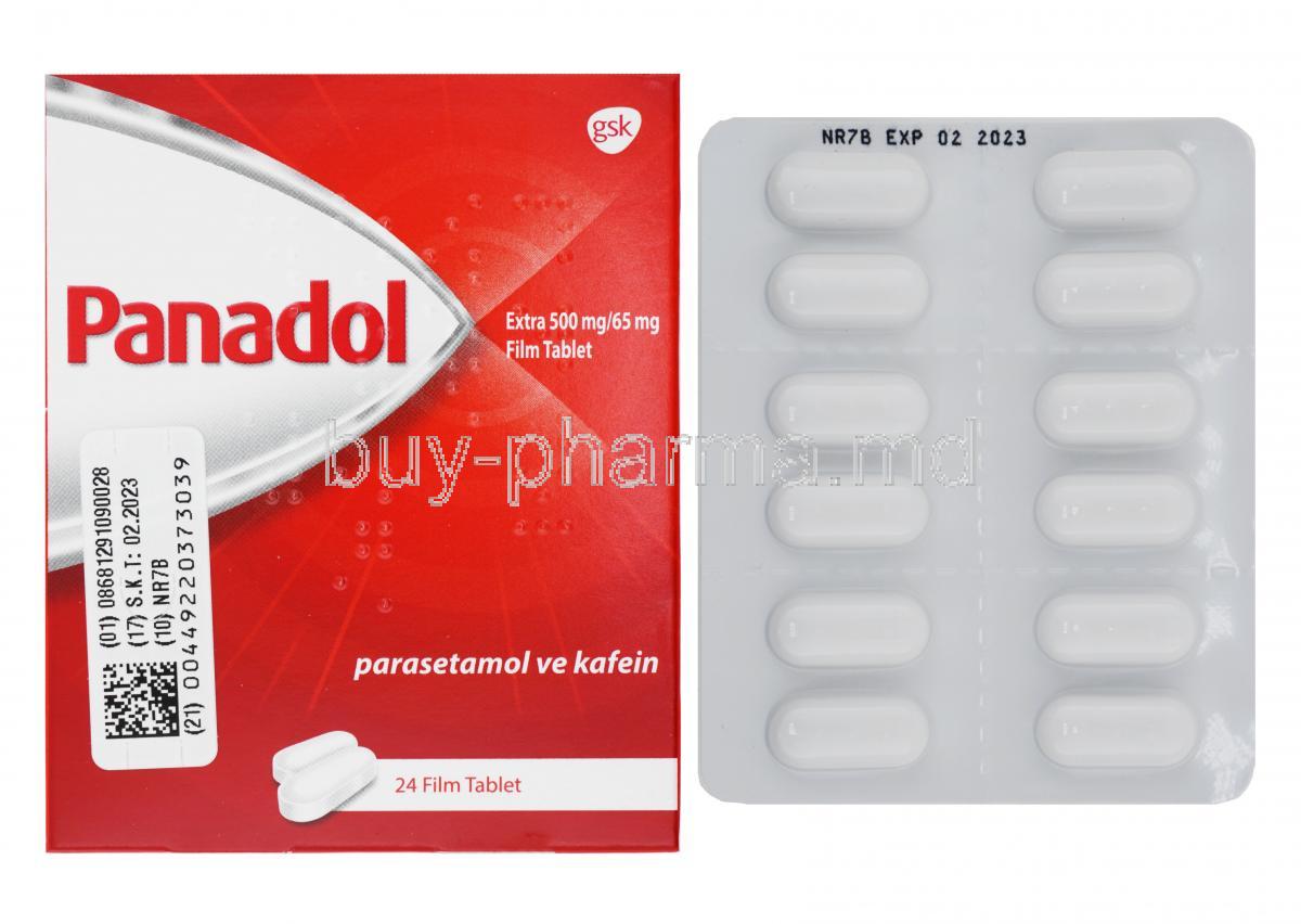 Panadol Extra, Paracetamol 500mg and Caffeine 65mg box and tablets