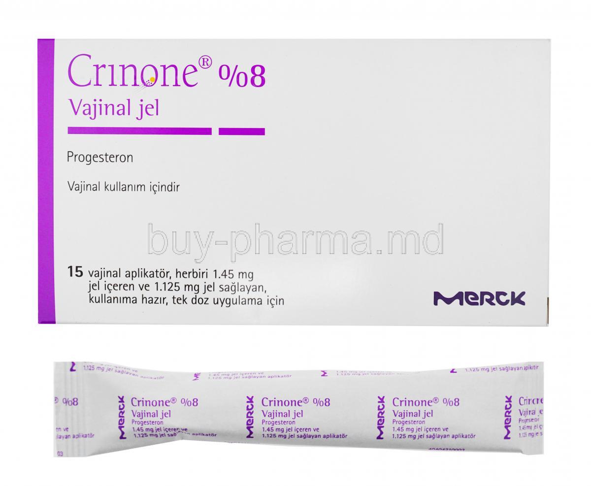 Crinone Vaginal Gel, Progesterone 8% box and gel